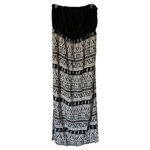 Maxi Boho Tribal Print With Slit Skirt Black White Elastic Waist Plus Size 3X